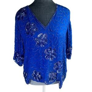 Vtg Blouse Royal Blue- Beads- Flower Accent- Size Medium- Silk Baanis- some wear